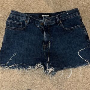 Express Women's Dark Blue Frayed Denim Shorts